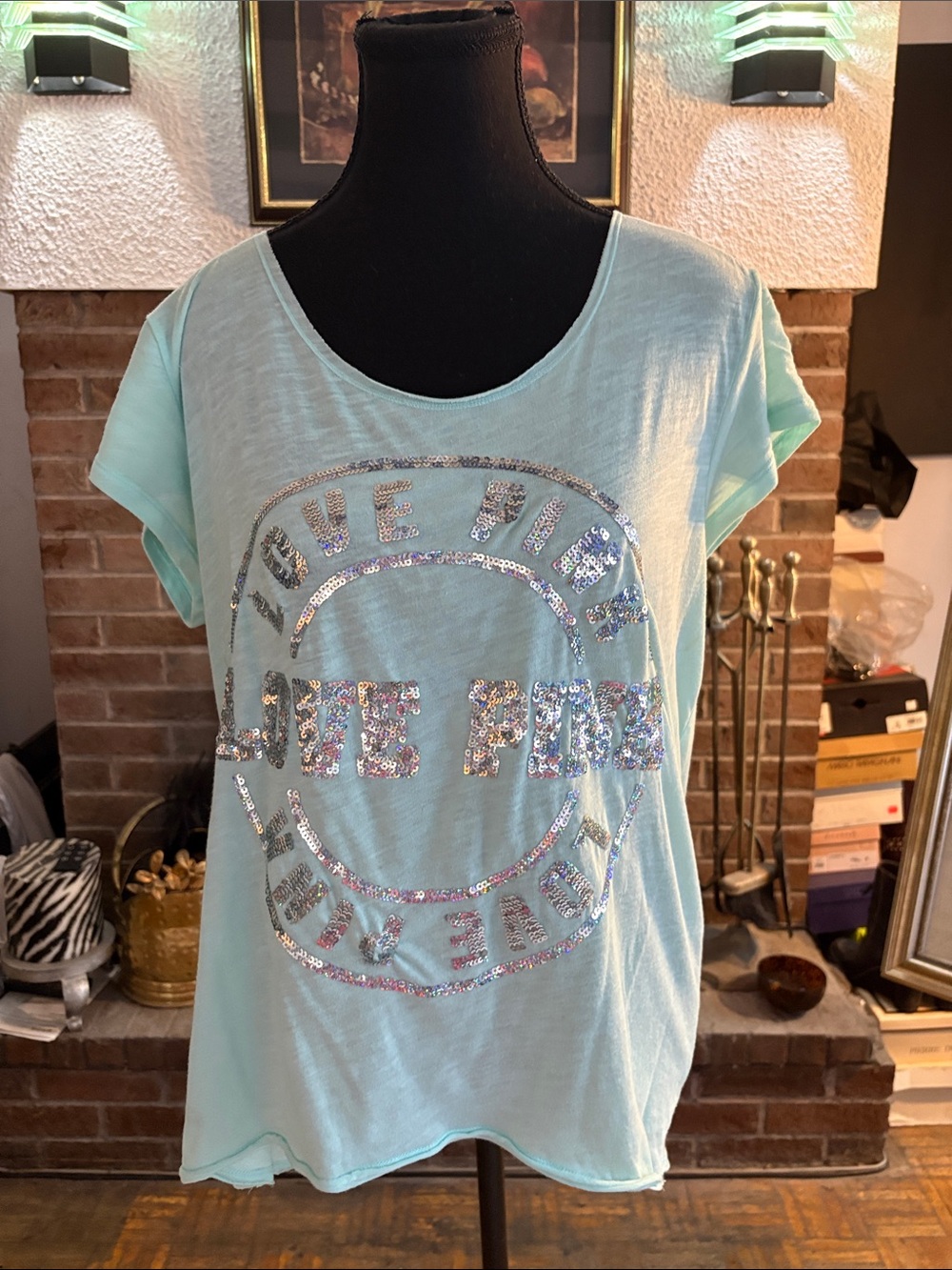 PINK Victoria's Secret Mint Sequin Logo Short Sleeve Tee